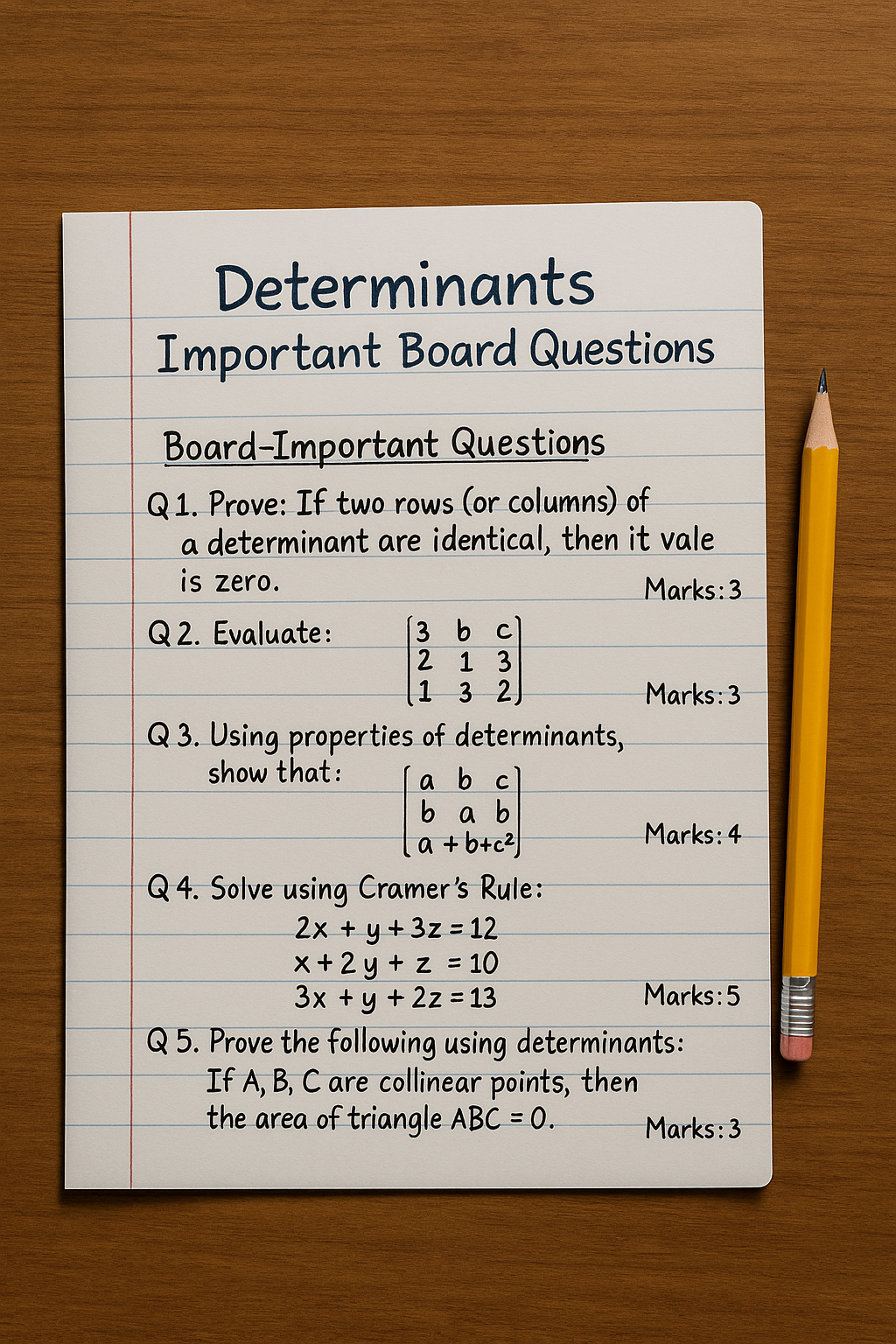 Handwritten sheet titled 'Determinants Important Board Questions' with five solved or listed CBSE Class 12 questions and a yellow pencil on a wooden table.