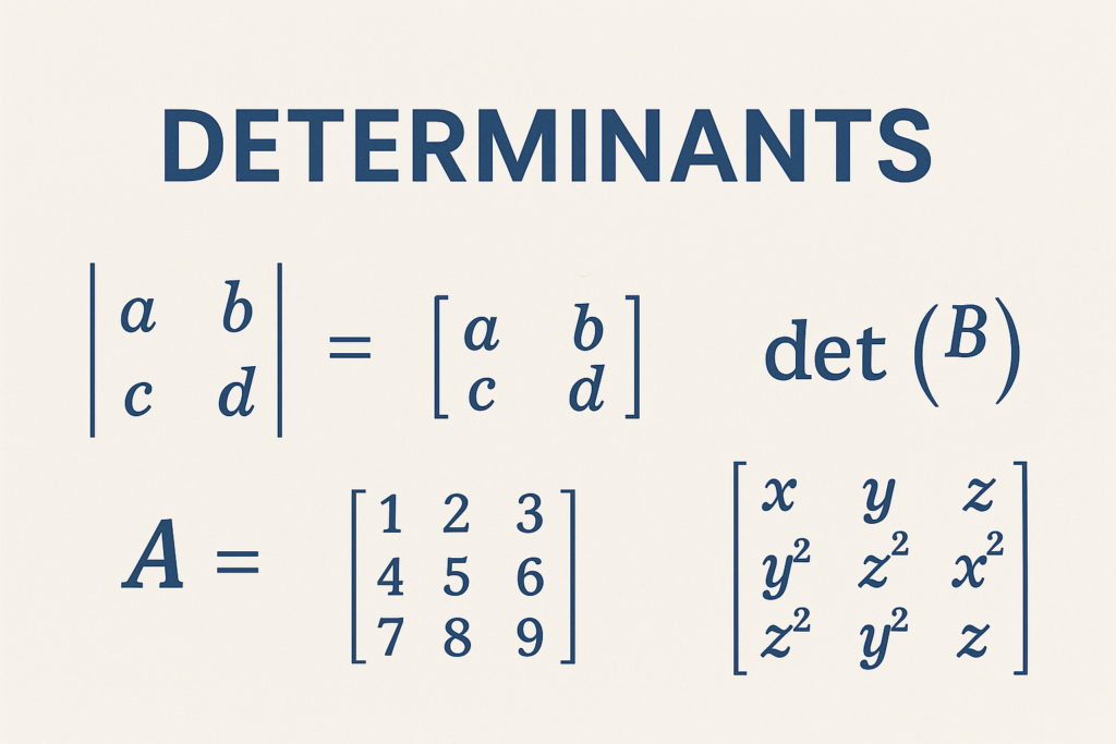 Illustration of the concept of determinants in mathematics, featuring 2x2 and 3x3 matrix notations with bold text 'DETERMINANTS' at the top."