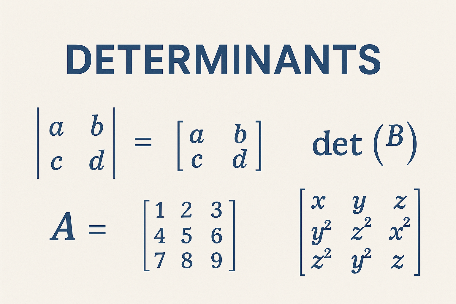 Illustration of the concept of determinants in mathematics, featuring 2x2 and 3x3 matrix notations with bold text 'DETERMINANTS' at the top."