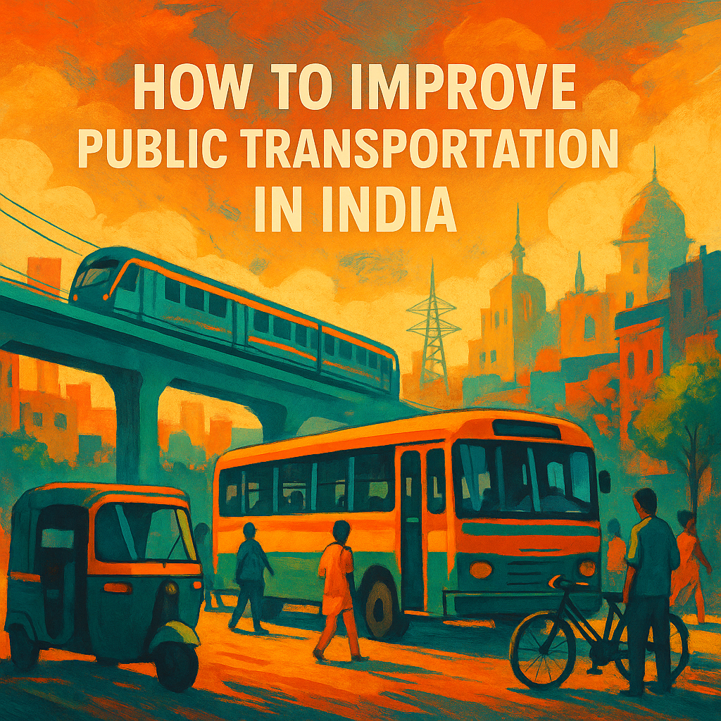 "Artistic illustration of Indian public transportation including metro, bus, auto-rickshaw, and cyclists with urban backdrop."