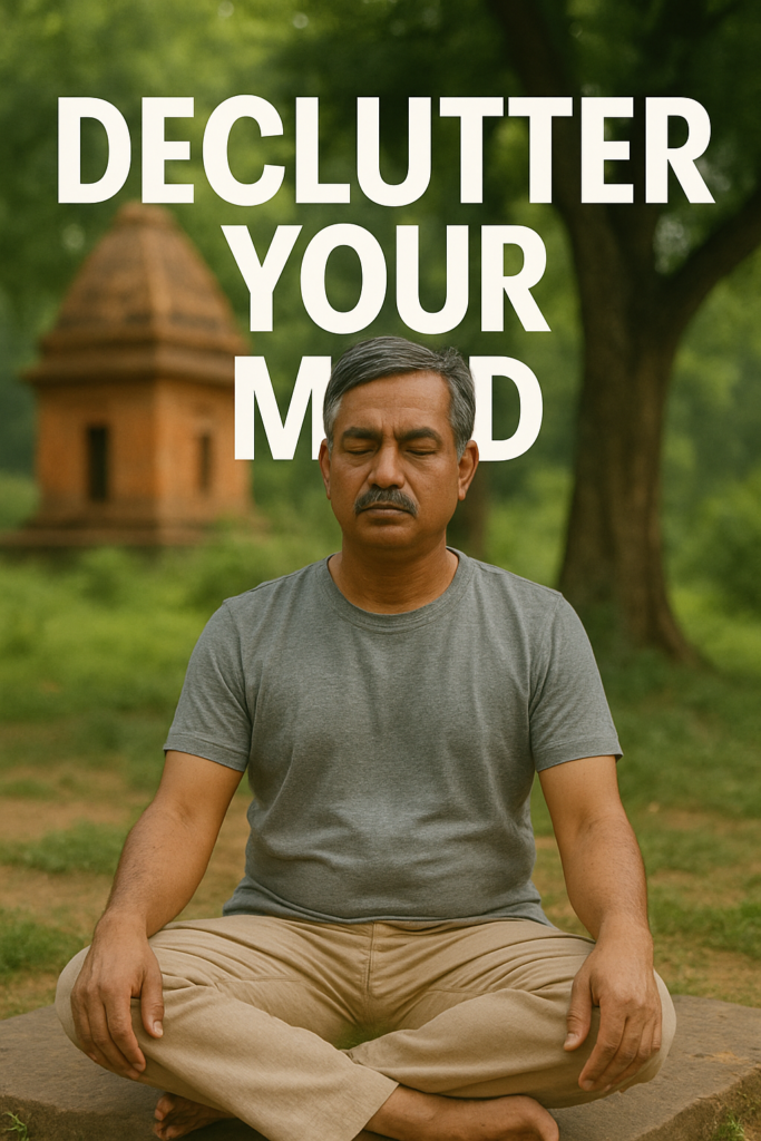 "Indian man meditating outdoors with bold text 'DECLUTTER YOUR MIND' over a peaceful garden background."