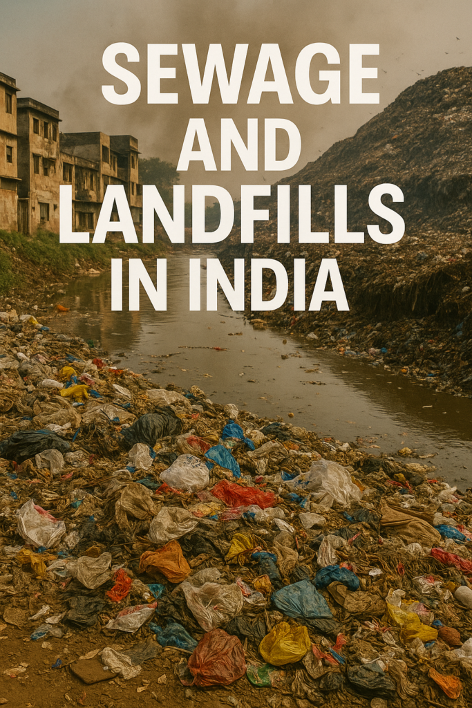 "Overflowing landfill and polluted sewage canal in India with plastic waste and smog in the background."
