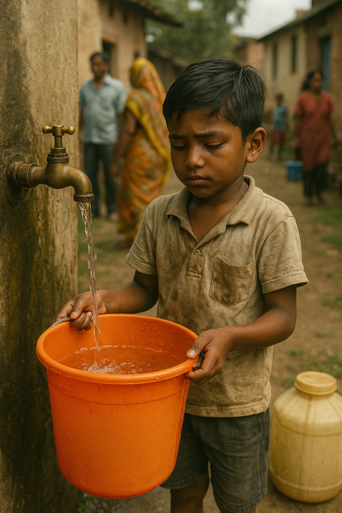 "Indian boy filling an orange bucket with water from a communal tap in a rural village setting."