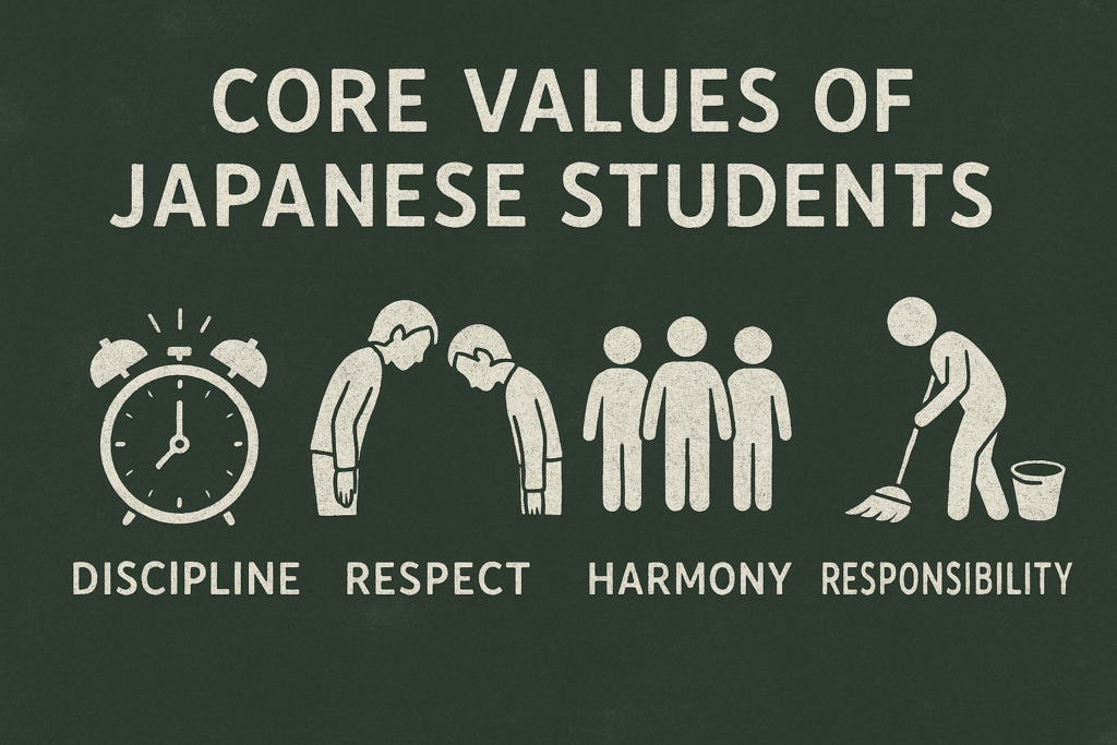 "Chalkboard illustration showing the core values of Japanese students: Discipline, Respect, Harmony, and Responsibility."