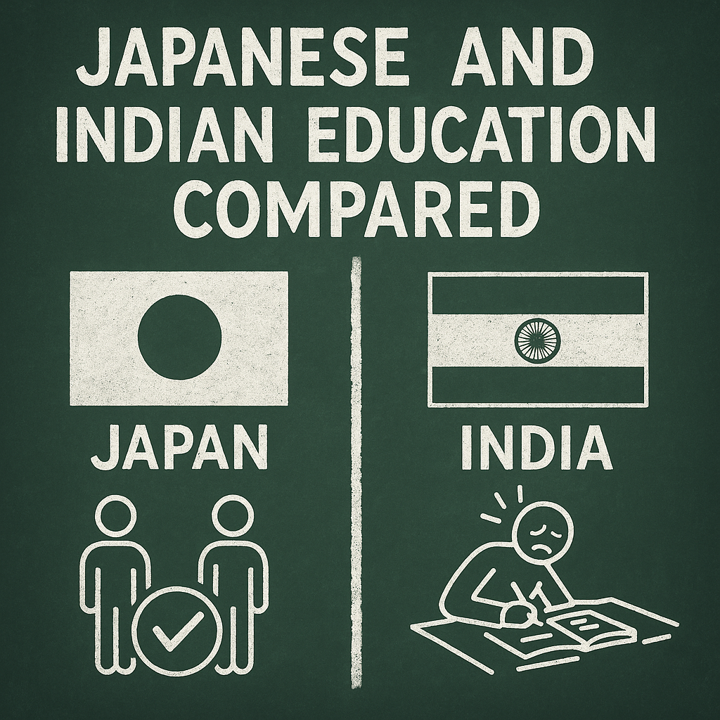 "Chalkboard-style comparison of Japanese and Indian education systems showing flags, students, and emotional contrasts."