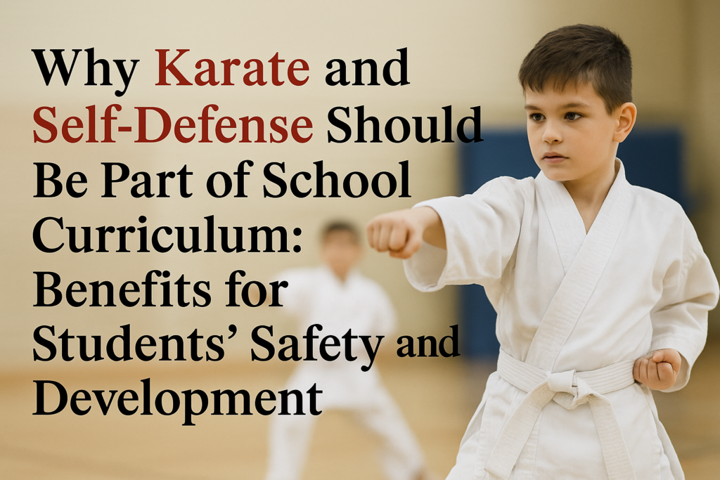 Young boy practicing karate in a school gym, symbolizing the importance of self-defense in education.