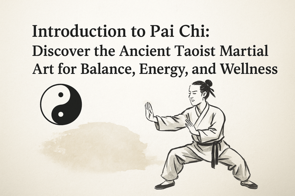 Illustration of a martial artist practicing Pai Chi with a Yin-Yang symbol, representing Taoist balance and energy.