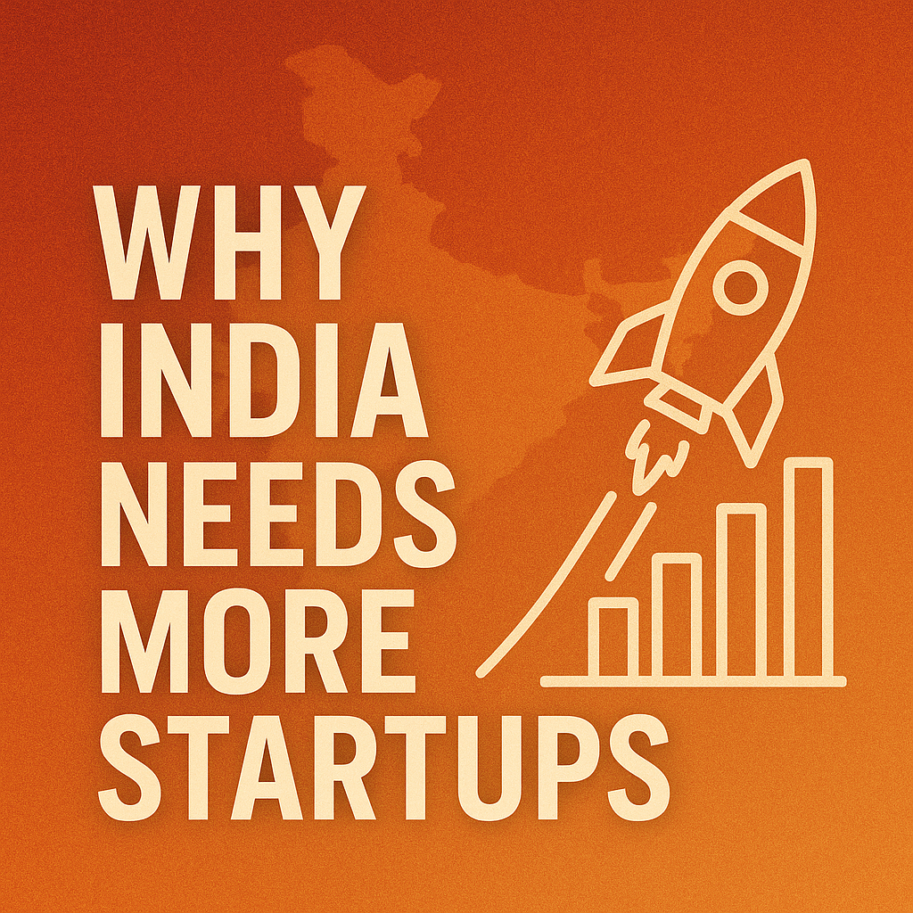 Graphic design with text "Why India Needs More Startups" featuring a rocket, bar chart, and map of India on an orange background.