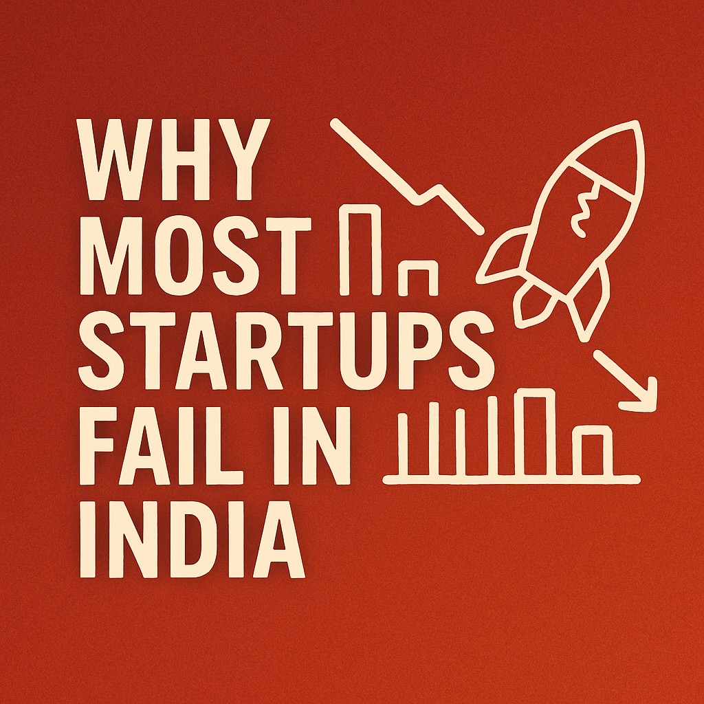 Graphic with text "Why Most Startups Fail in India" featuring a downward graph and broken rocket icon on a red background.