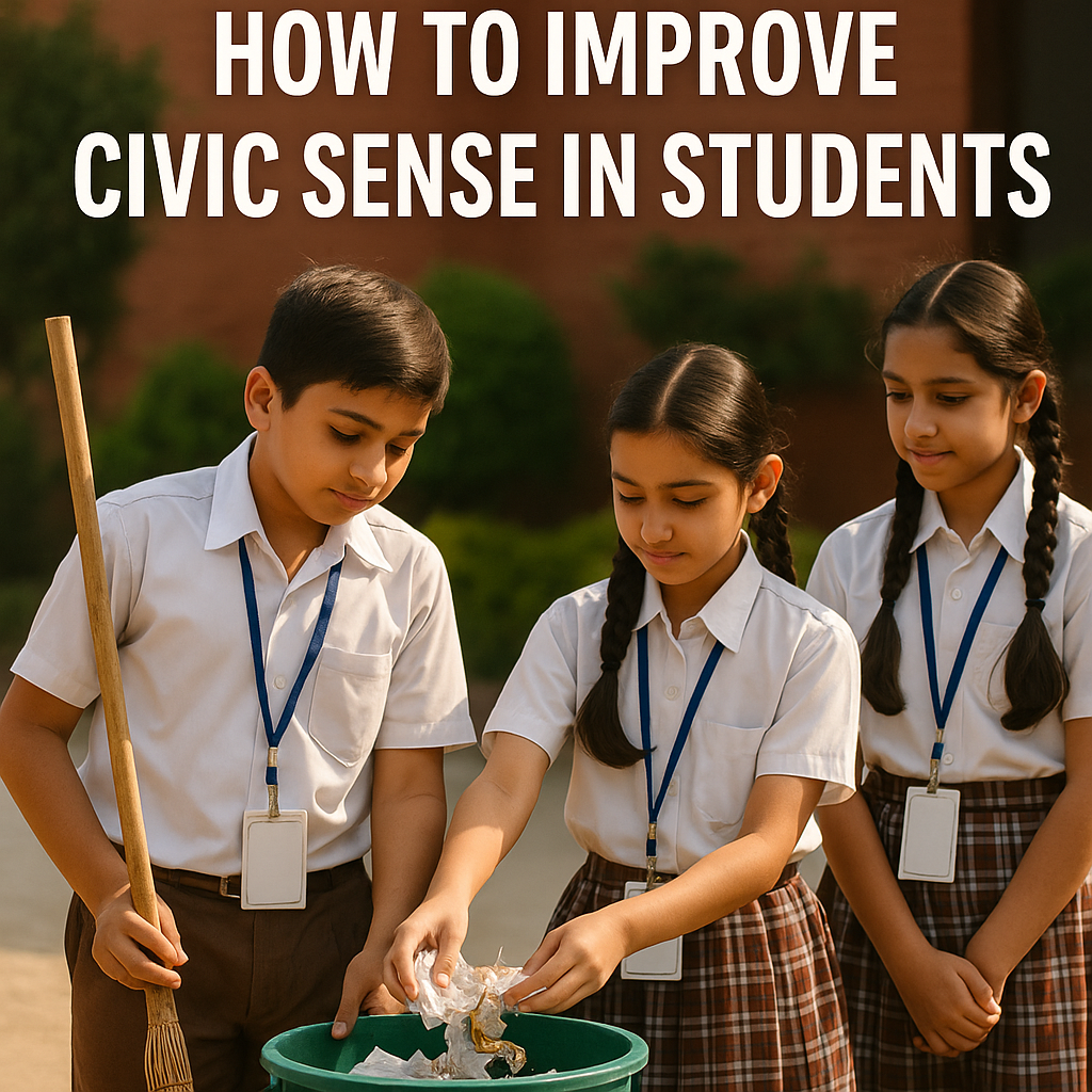 "Chalkboard illustration with the title 'How to Improve Civic Sense in Students' and icons of teaching, cleanliness, handshake, and teamwork."