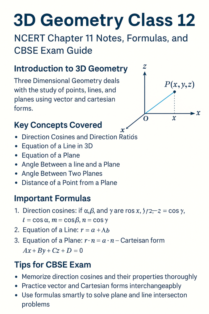 Infographic summarizing Class 12 3D Geometry chapter, covering key concepts, formulas, and exam tips.