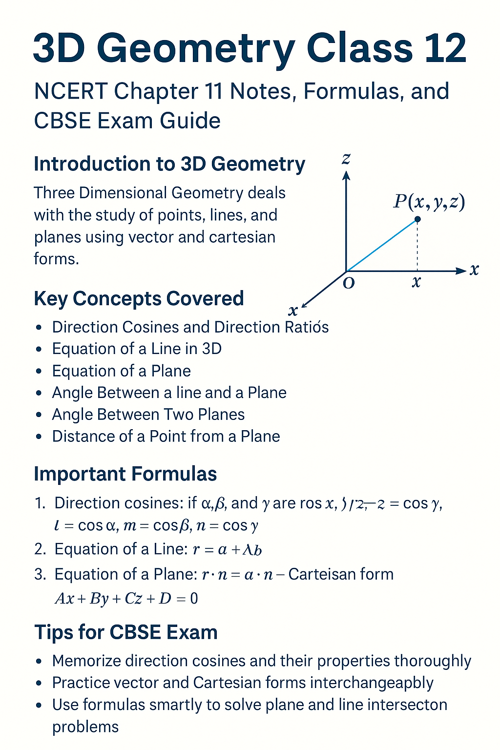 Infographic summarizing Class 12 3D Geometry chapter, covering key concepts, formulas, and exam tips.