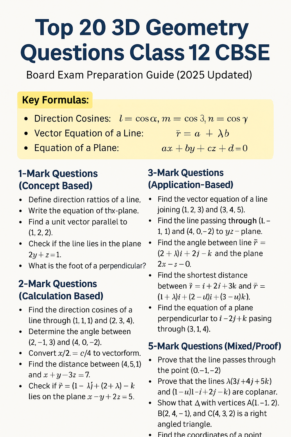 Top 20 3D Geometry Questions for Class 12 CBSE – Board Exam Practice Guide 2025